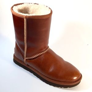 UGG Mid Calf Short Shearling Boot Brown Leather 8